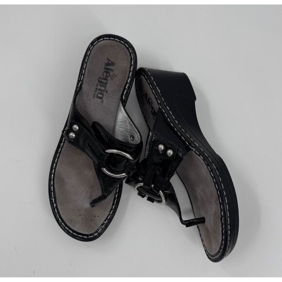 Alegria Lola Black Patent Leather Thong Wedge Slide Sandals Size 39 EU / 8.5-9 U - Picture 1 of 11